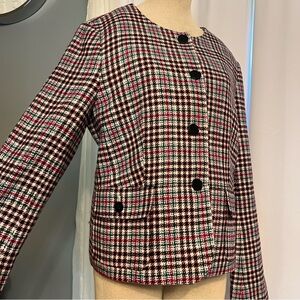 Talbots Blazer Womens 14 Multicolor Houndstooth Collarless Wool Blend Pockets